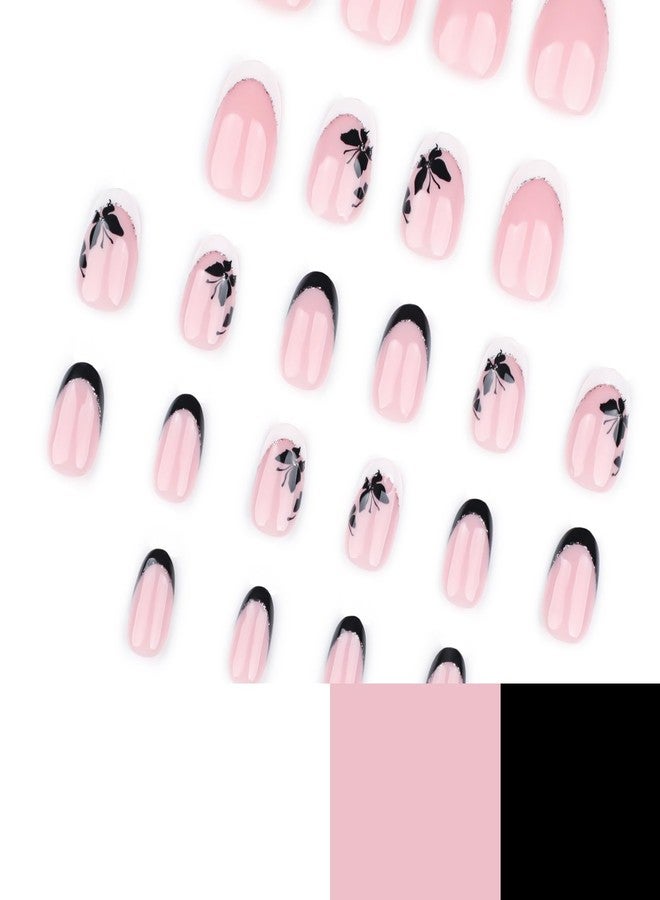 OCOUYVD French Tip Press on Nails Short Oval Fake Nails with White Black Butterfly Design Almond False Nails Sparkling Tips Glue on Nails Acrylic Artificial Stick on Nails Kit for Women Girls 24Pcs - Image 4